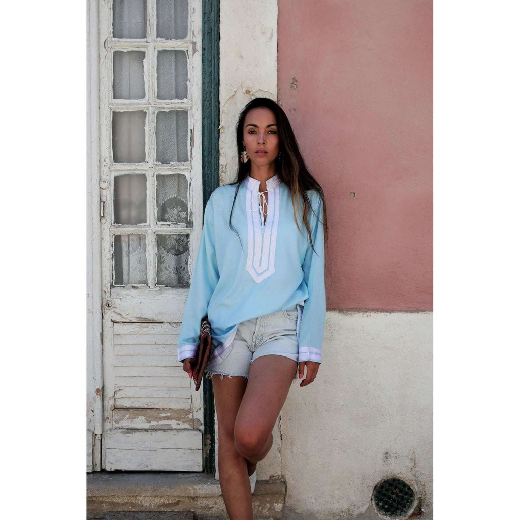Light Blue Mariam Moroccan Tunic Shirt- Resortwear, Loungewear, Holidaywear, bohemian style tunic,Light Blue Mariam Moroccan Tunic Shirt- Resortwear, Loungewear, Holidaywear, bohemian style tunic