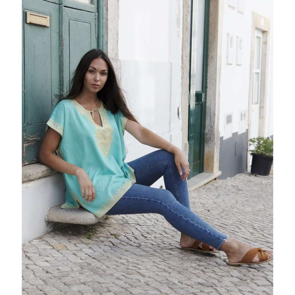 Anabelle Style Emerald Green with Gold Embroidery Tunic-Moroccan Tunic - Maison De Marrakech
