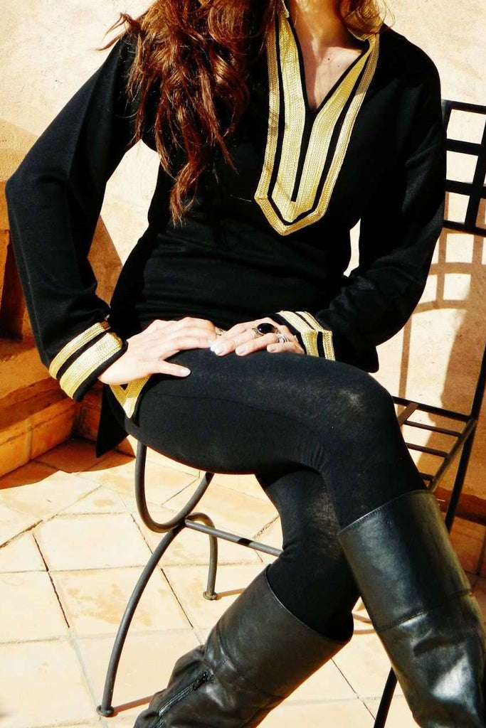 Mariam Black Tunic with Golden Embroidery- perfect for resort wear, boho wear, as birthday gifts - Maison De Marrakech