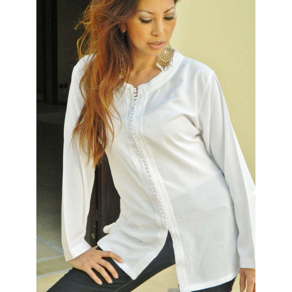 Autumn New White Magrib Moroccan Embroidery Shirt Tunic - Maison De Marrakech