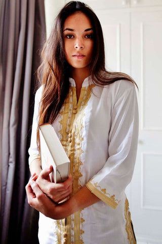 White Diamond Pattern Carla Embroidery Tunic Dress-Moroccan Dress
