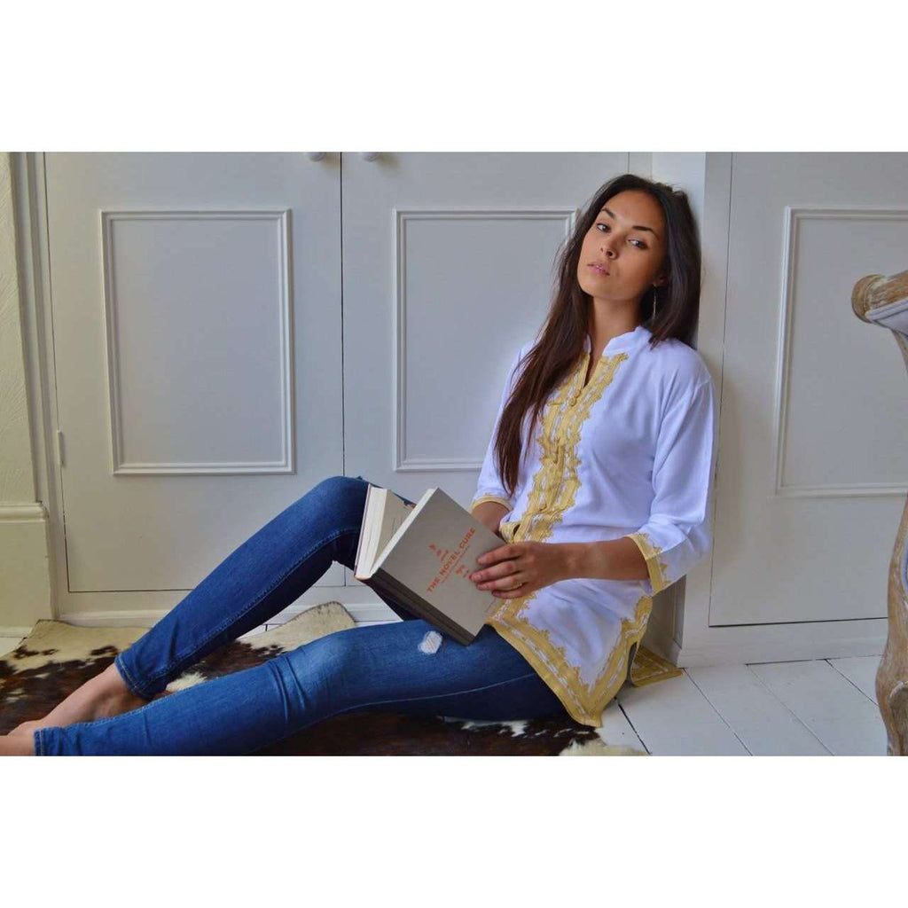 Marrakech White Gold Embroidery Tunic-Moroccan Tunic - Maison De Marrakech