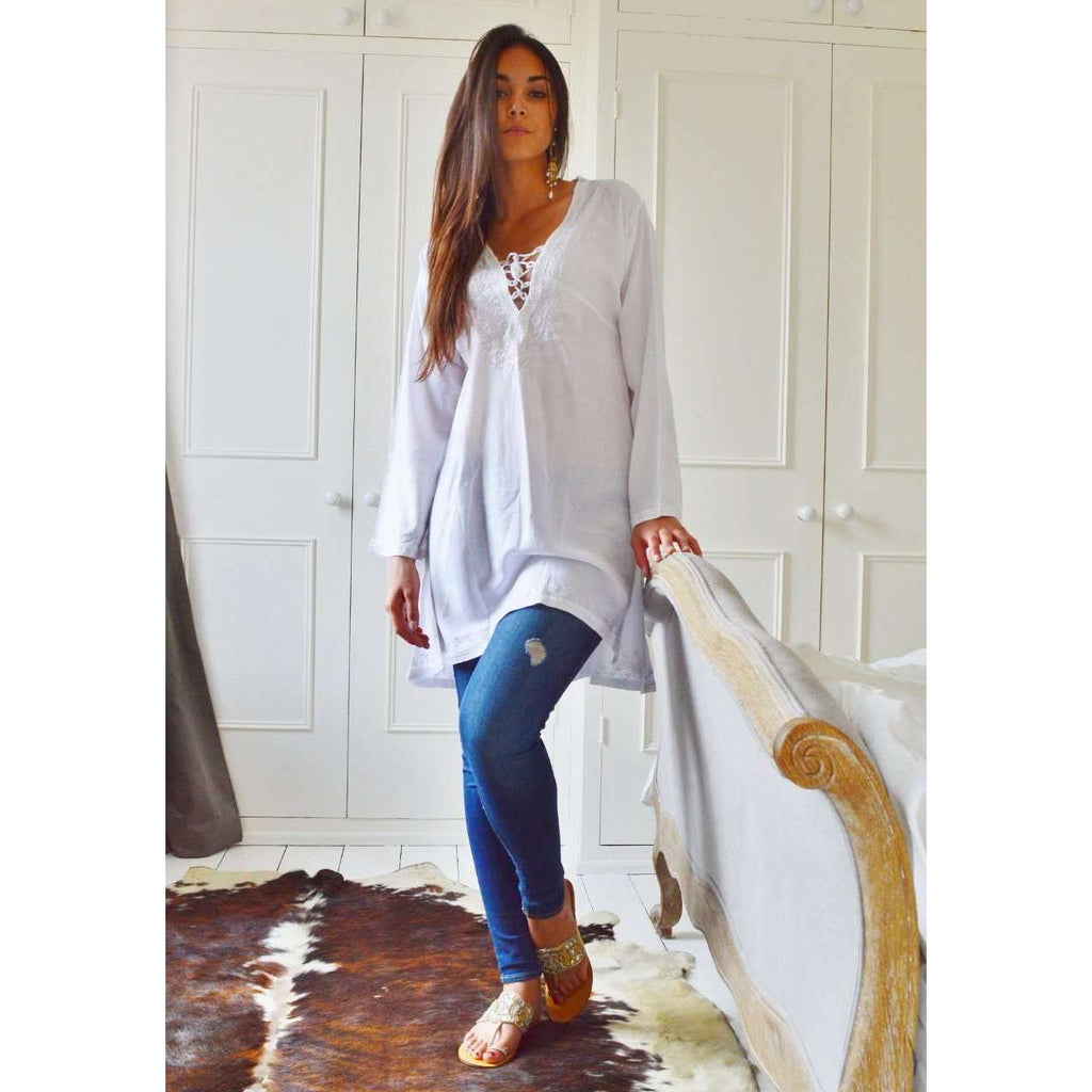 White Tunic Embroidered Karmia Syle Tunic - Maison De Marrakech