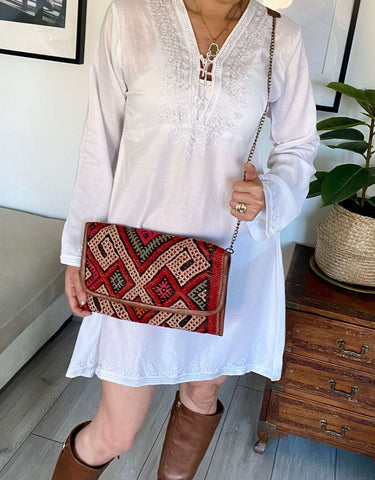 White Diamond Pattern Carla Embroidery Tunic Dress-Moroccan Dress