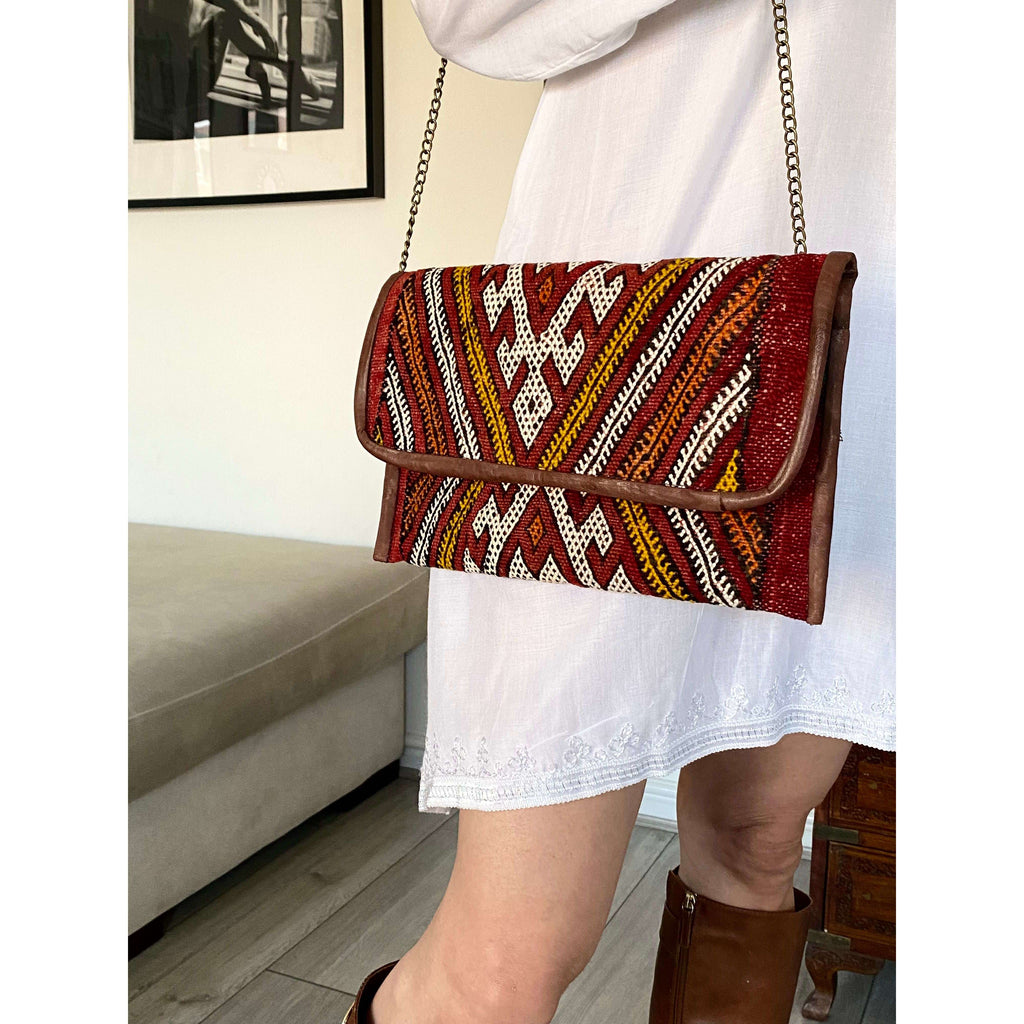 Red Moroccan  Kilim Hand Clutch & Shoulder Bag No.3,Red Moroccan  Kilim Hand Clutch & Shoulder Bag No.3