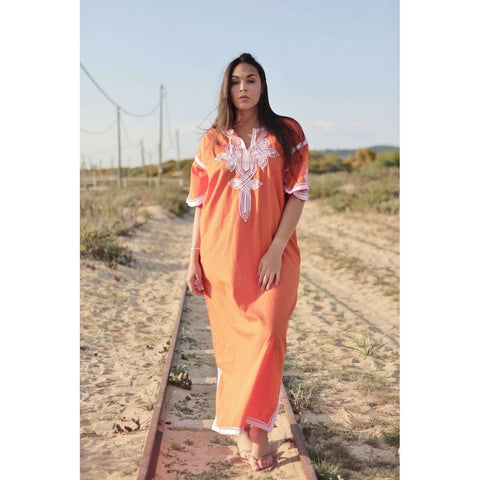 Orange & White Caftan Kaftan Aziza Maxi Dress-moroccan kaftan - Maison De Marrakech