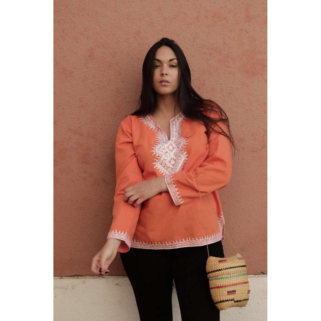 Asmahan Style Orange Embroidery Tunic - Maison De Marrakech