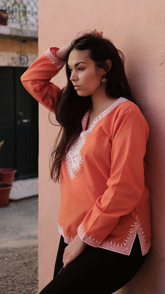 Asmahan Style Orange Embroidery Tunic - Maison De Marrakech