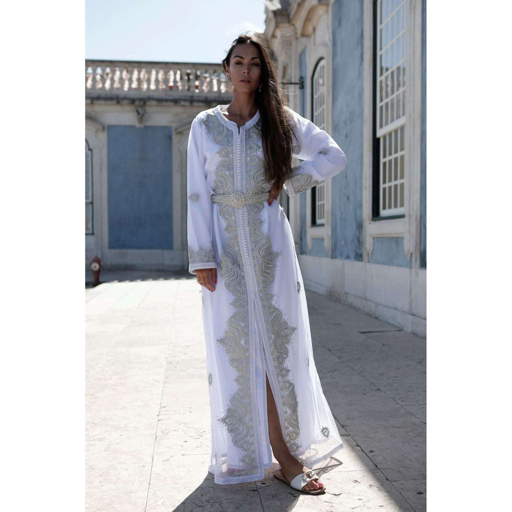 White Silver Moroccan Takchita Party Kaftan-Kalia Style,White Silver Moroccan Takchita Party Kaftan-Kalia Style