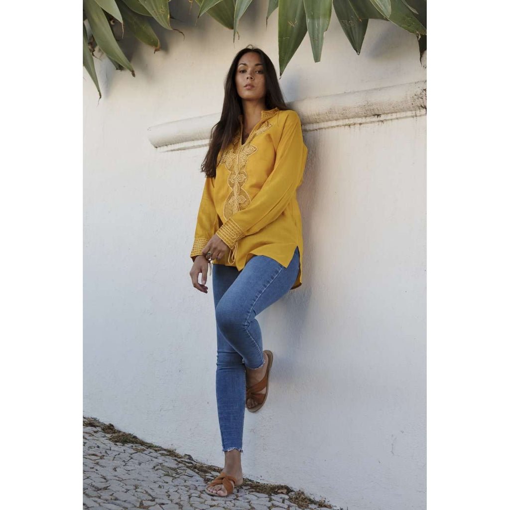 Dark Yellow Moroccan Bedouin Tunic- tunic, shirt, moroccan shirt, embroidery tunic - Maison De Marrakech