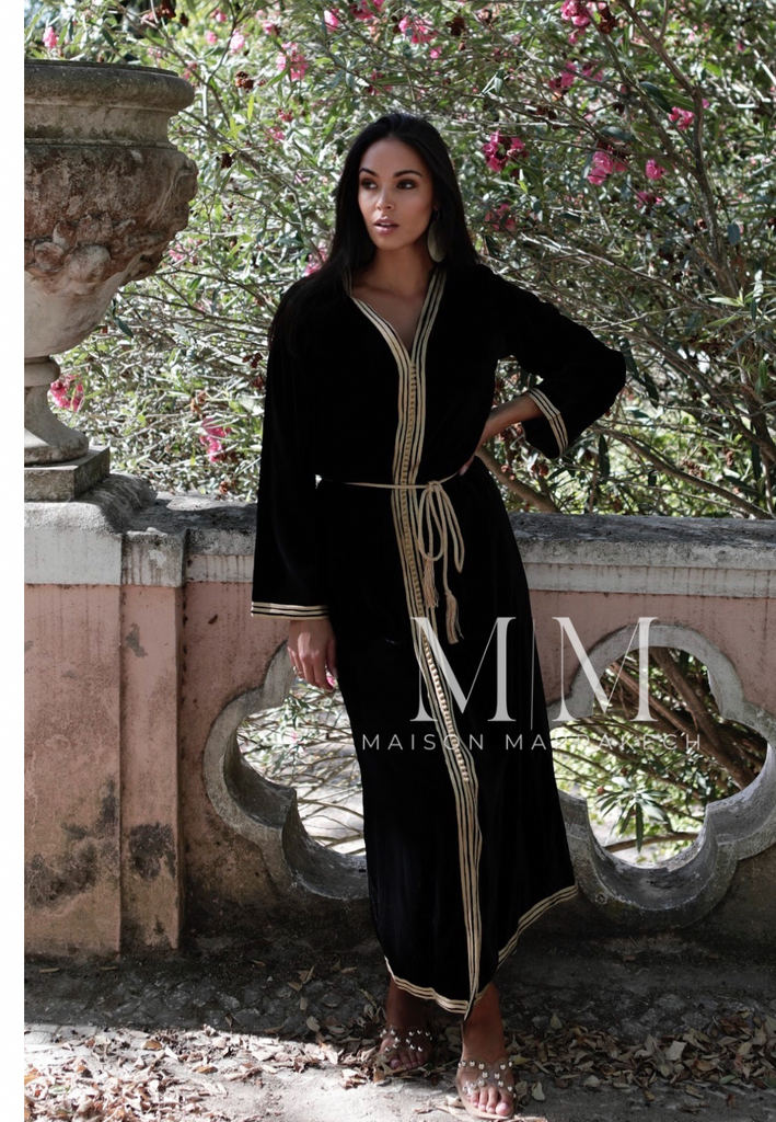 Black Gold Velvet Luxury Party Kaftan Dress