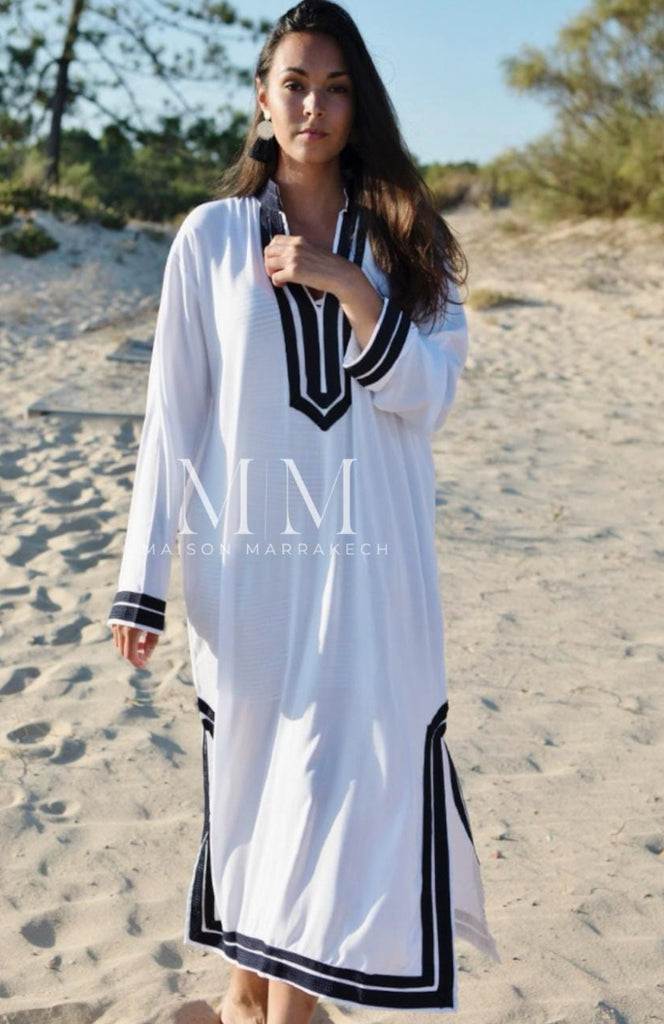White with Navy Blue Kaftan Mariam Style - Moroccan Kaftan