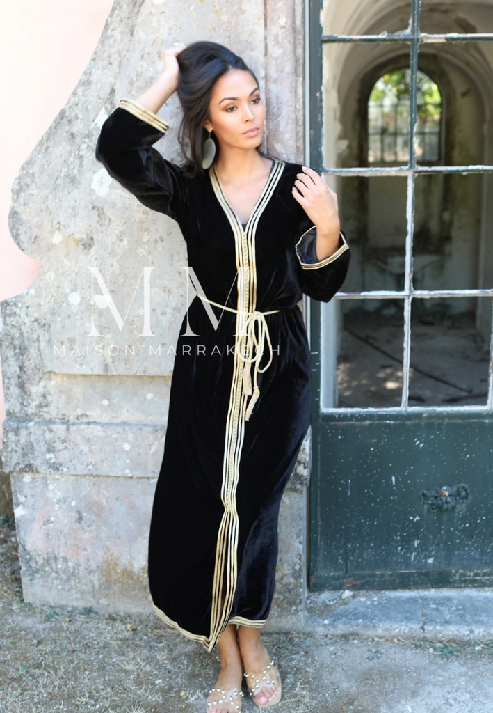 Black Gold Velvet Luxury Party Kaftan Dress