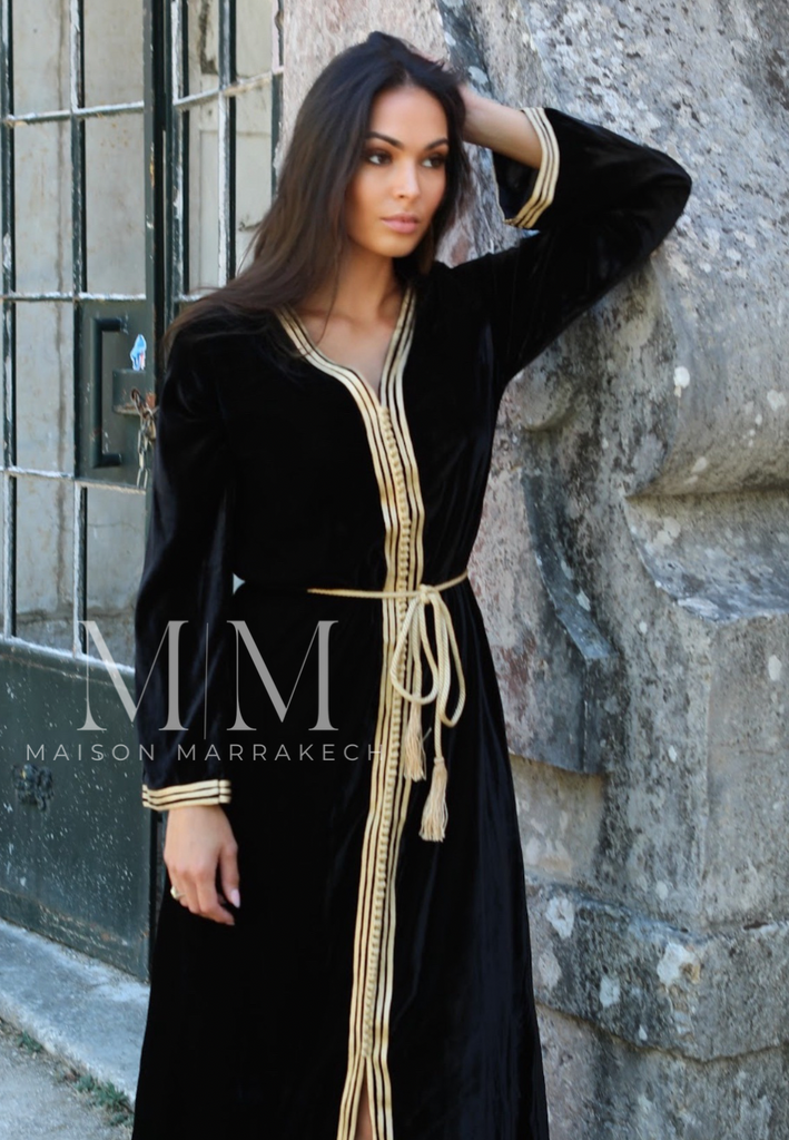 Black Gold Velvet Luxury Party Kaftan Dress