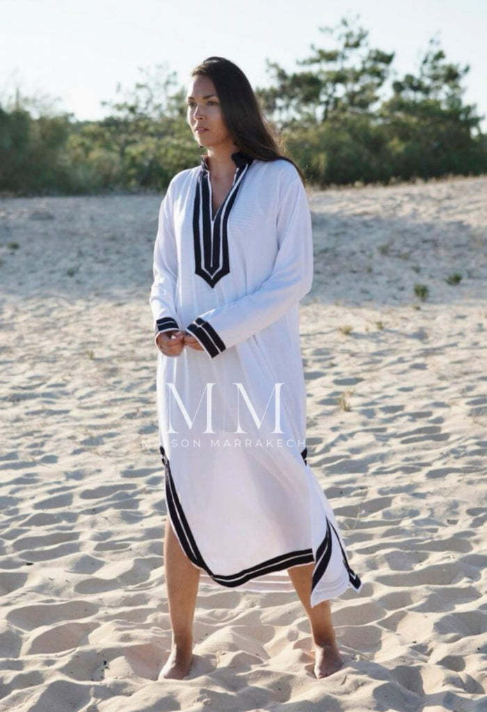 White with Navy Blue Kaftan Mariam Style - Moroccan Kaftan