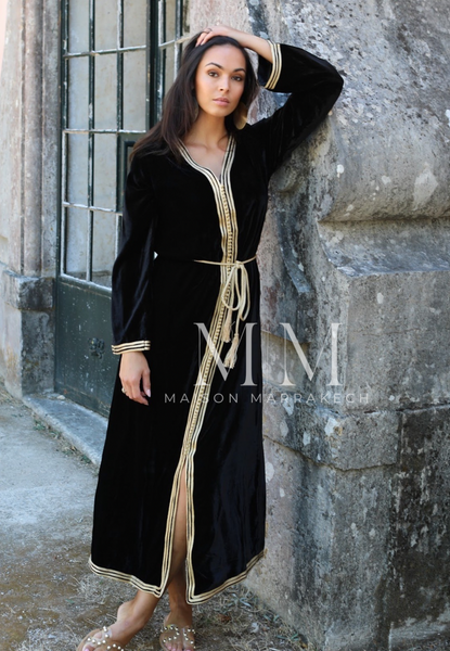 Black Gold Velvet Luxury Party Kaftan Dress