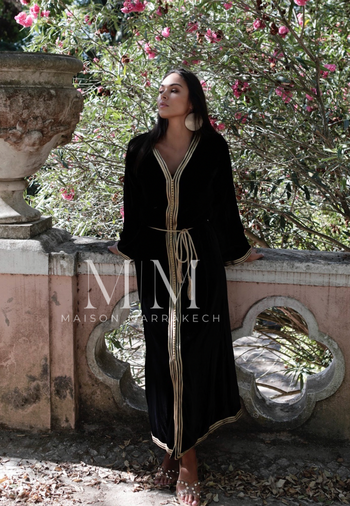 Black Gold Velvet Luxury Party Kaftan Dress