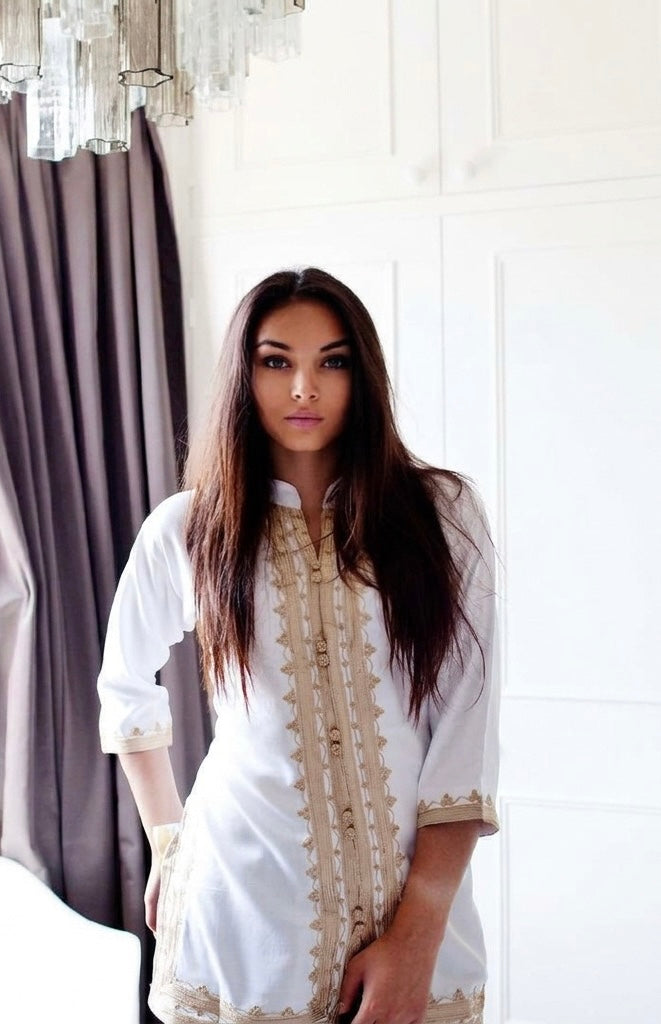 Marrakech White Gold Embroidery Tunic-Moroccan Tunic