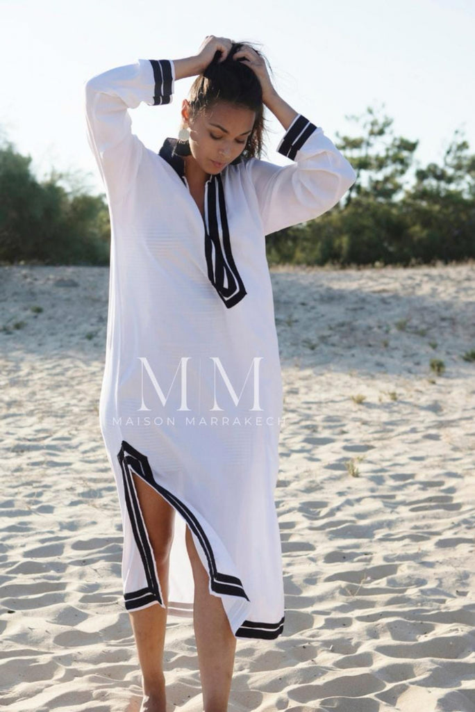White with Navy Blue Kaftan Mariam Style - Moroccan Kaftan