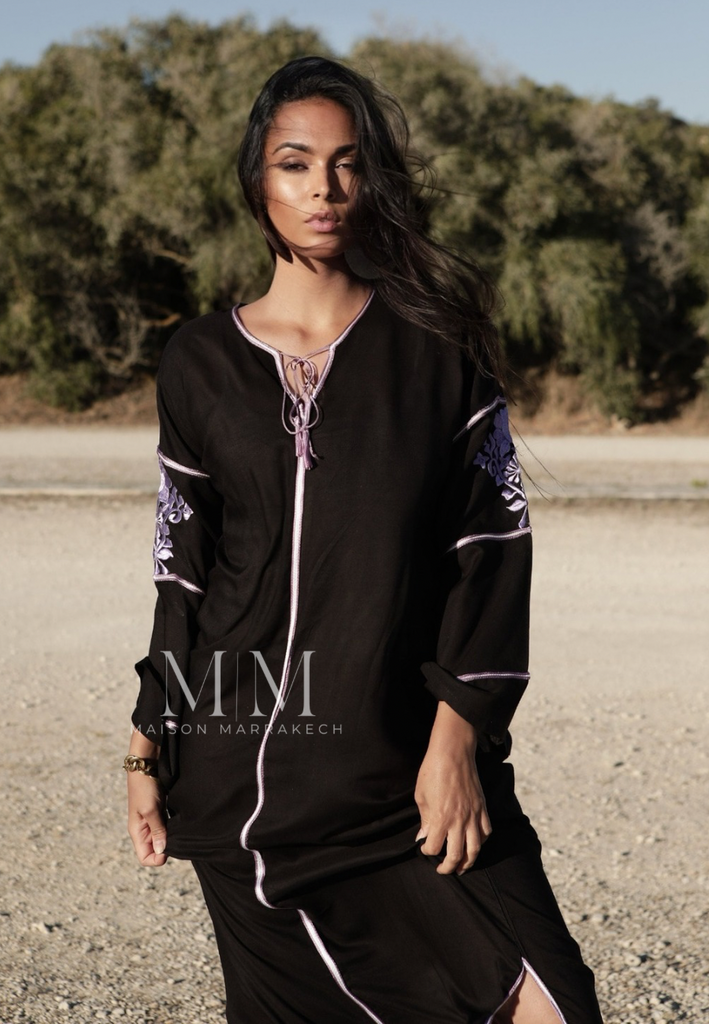 Adriana Black Moroccan Cotton Embroidery Kaftan Caftan