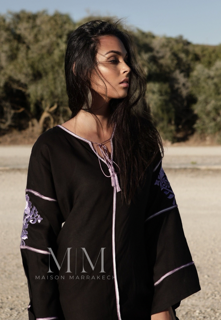 Adriana Black Moroccan Cotton Embroidery Kaftan Caftan