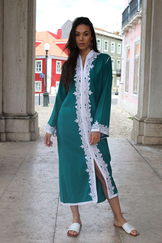 Green & White Karima Kaftan Caftan-Moroccan Kaftan,Green & White Karima Kaftan Caftan-Moroccan Kaftan