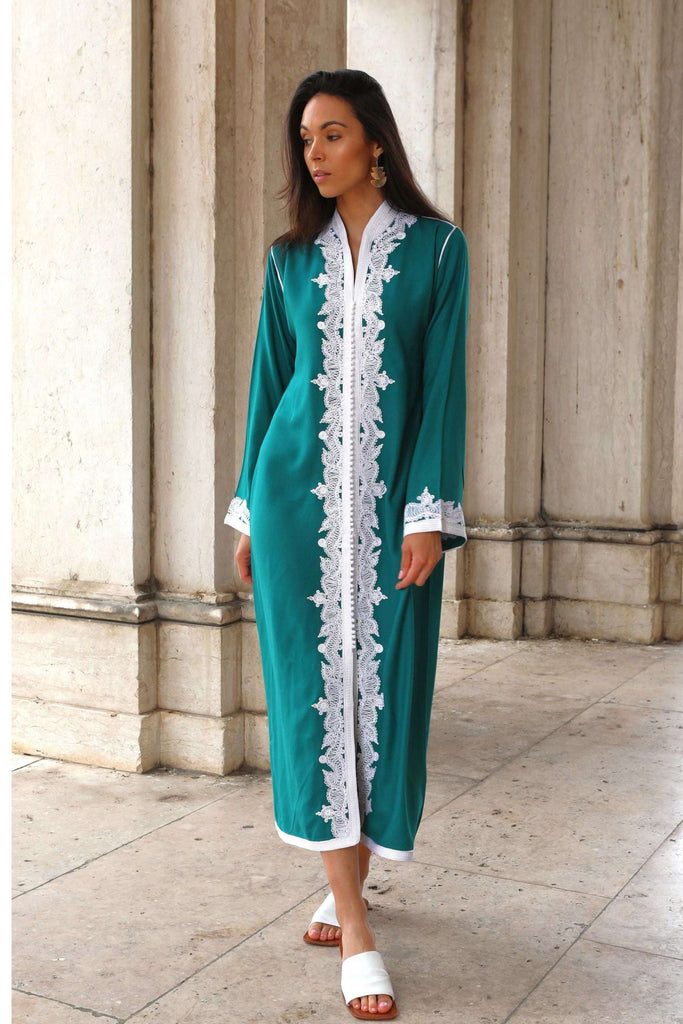 Green & White Karima Kaftan Caftan-Moroccan Kaftan,Green & White Karima Kaftan Caftan-Moroccan Kaftan