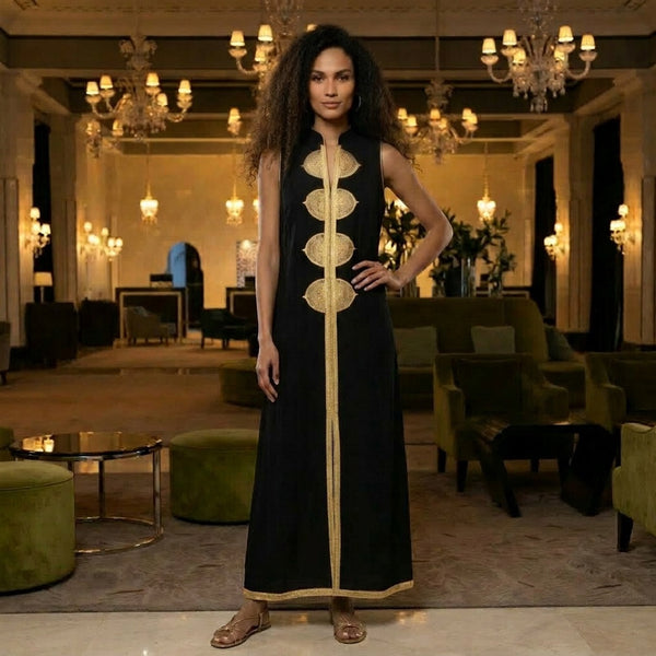 Black  Non-Sleeve Moroccan Embroiered Kaftan - Kenza Loungewear style - Maison De Marrakech