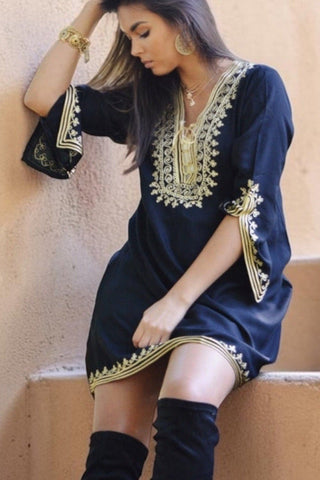 Black with Gold Embroidery Tunic- Autumn Moroccan Boho Tunic