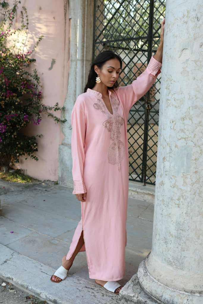 Champagne Pink Embroidered Moroccan Aisha Kaftan- Moroccan Kaftan,Champagne Pink Embroidered Moroccan Aisha Kaftan- Moroccan Kaftan