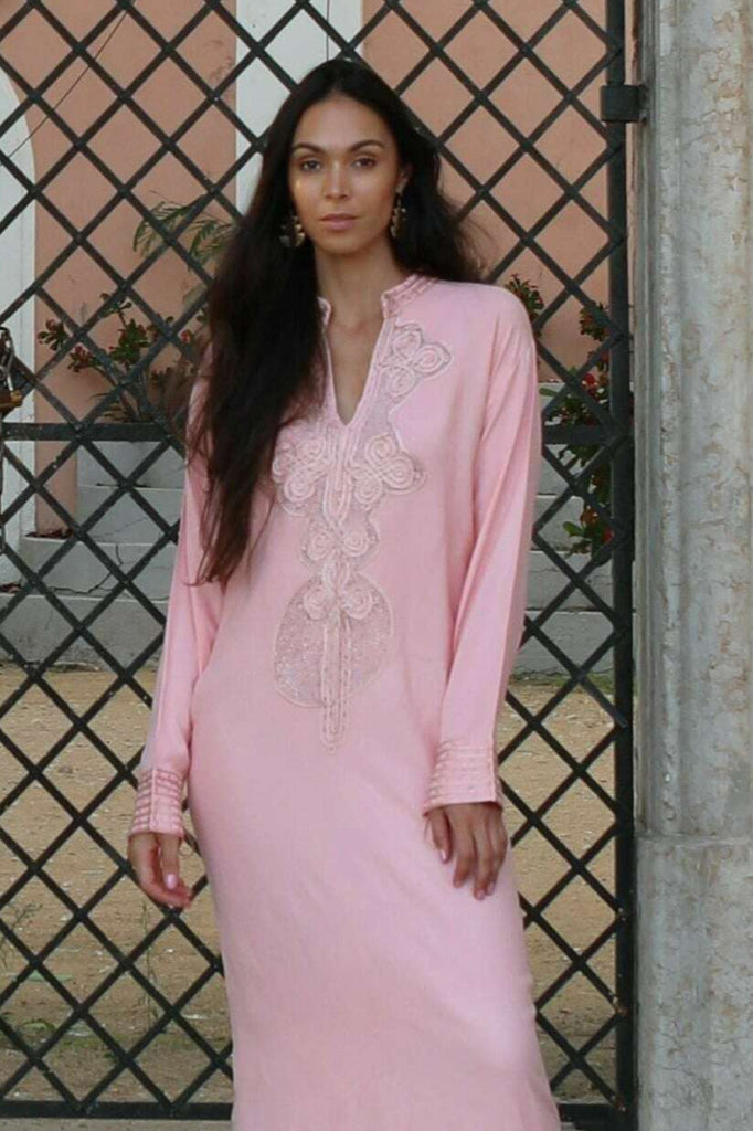 Champagne Pink Embroidered Moroccan Aisha Kaftan- Moroccan Kaftan,Champagne Pink Embroidered Moroccan Aisha Kaftan- Moroccan Kaftan