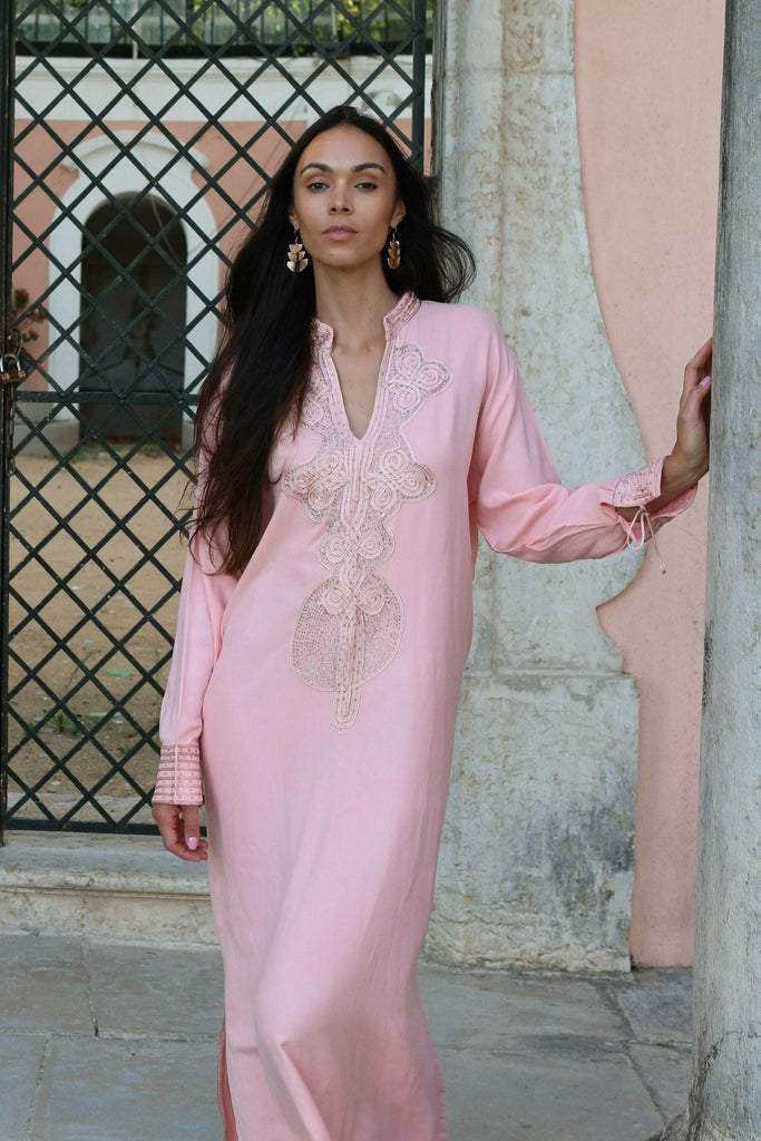 Champagne Pink Embroidered Moroccan Aisha Kaftan- Moroccan Kaftan,Champagne Pink Embroidered Moroccan Aisha Kaftan- Moroccan Kaftan