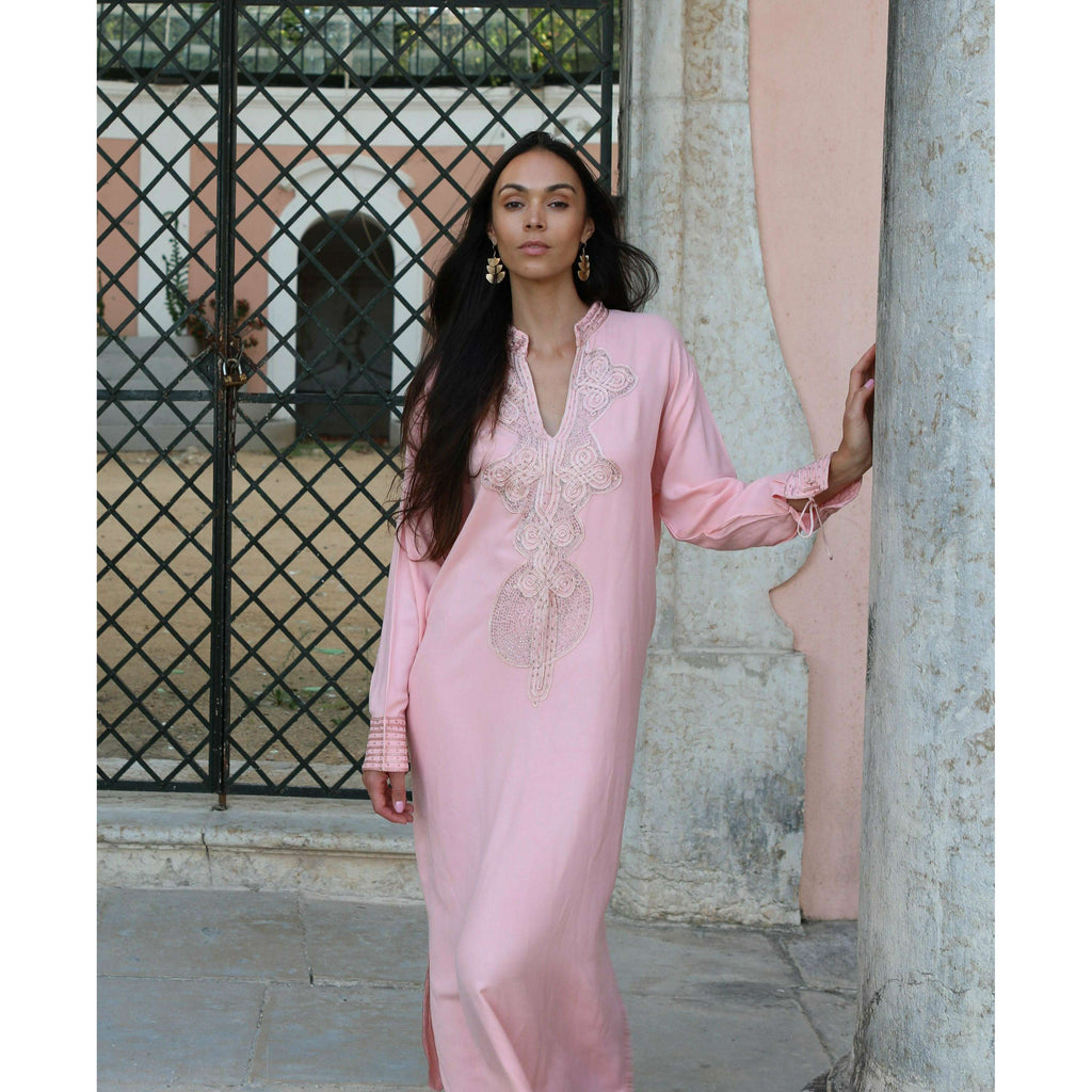 Champagne Pink Embroidered Moroccan Aisha Kaftan- Moroccan Kaftan,Champagne Pink Embroidered Moroccan Aisha Kaftan- Moroccan Kaftan