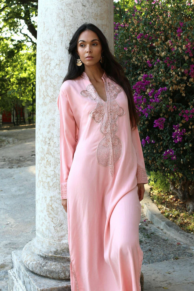 Champagne Pink Embroidered Moroccan Aisha Kaftan- Moroccan Kaftan,Champagne Pink Embroidered Moroccan Aisha Kaftan- Moroccan Kaftan