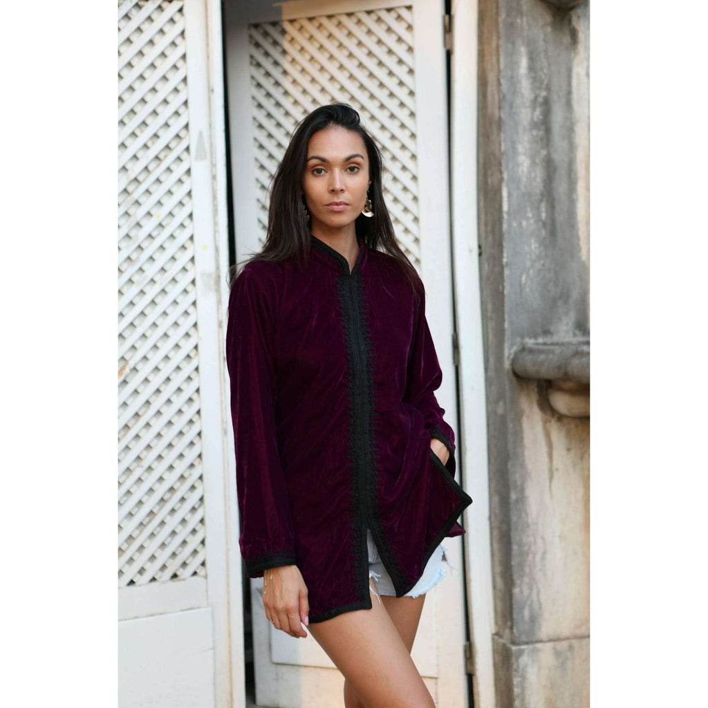 Plum Velvet Luxury Bohemian Jacket with Black Embroidery- bohemian Jacket,Plum Velvet Luxury Bohemian Jacket with Black Embroidery- bohemian Jacket