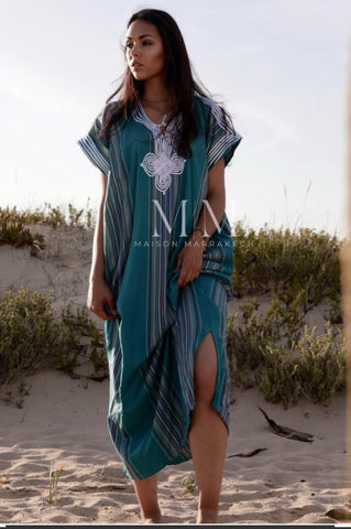 Turquoise Blue Abaya Style Resort Lounge Wear Caftan Kaftan