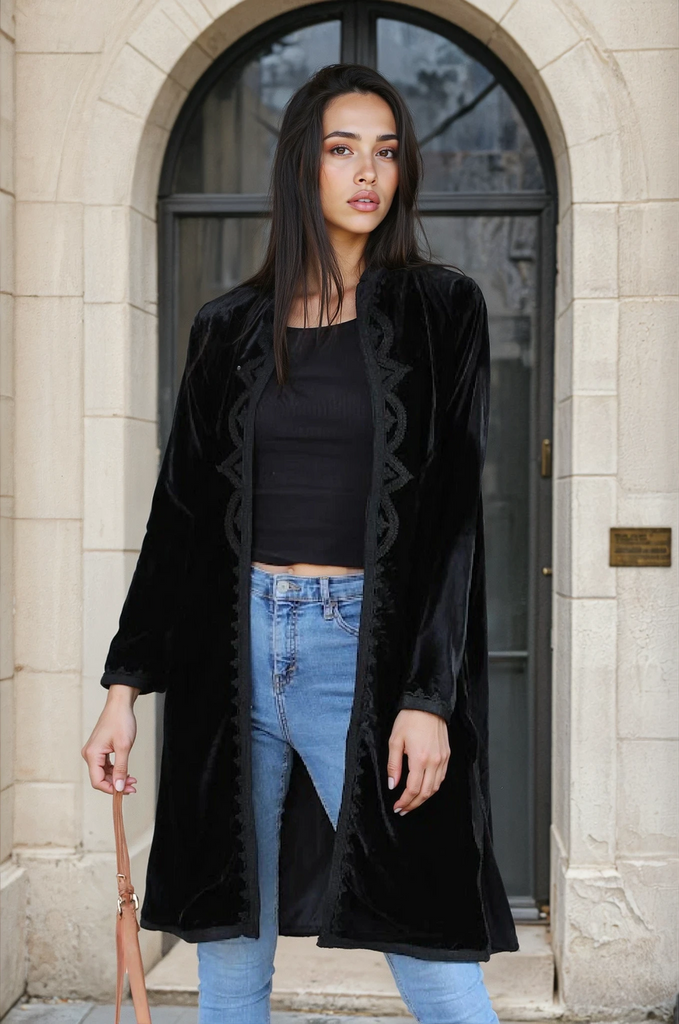 New Black Velvet Luxury Bohemian Jacket with Black Embroidery- bohemian Jacket