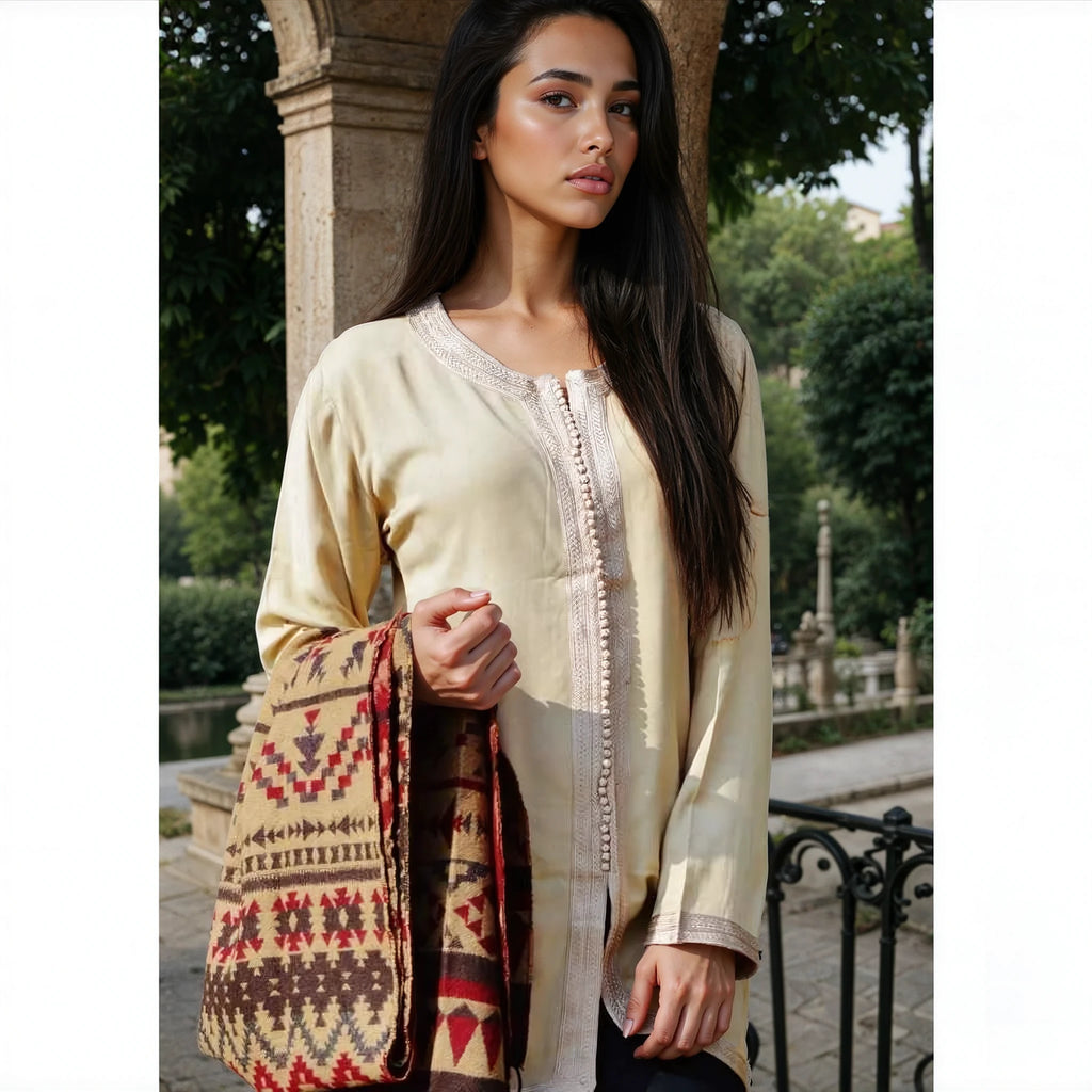 Beige Embroidered Boyfriend Magrib Shirt - Maison De Marrakech