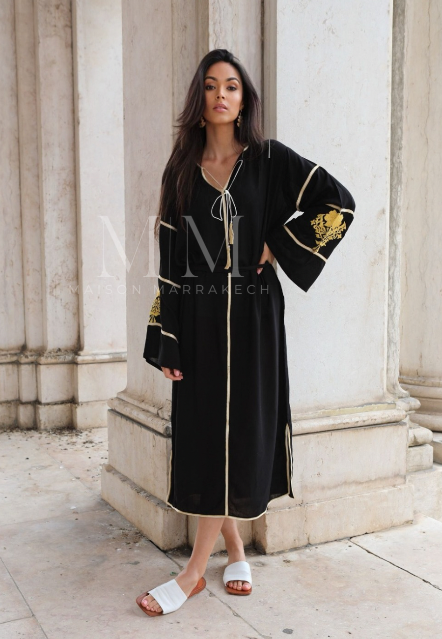 Intricate Hand Embroidery Moroccan Caftan With Silver Lace & Black Jacket