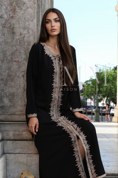 Black Beige Karima Kaftan Caftan-Moroccan Kaftan - Maison De Marrakech