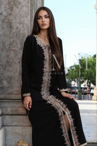 Black Beige Karima Kaftan Caftan-Moroccan Kaftan - Maison De Marrakech