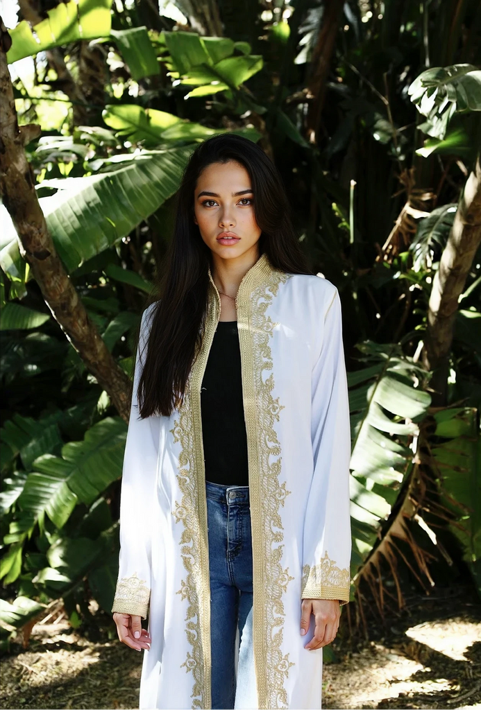 White & Gold Leyla Kimono Long Jacket - Maison De Marrakech