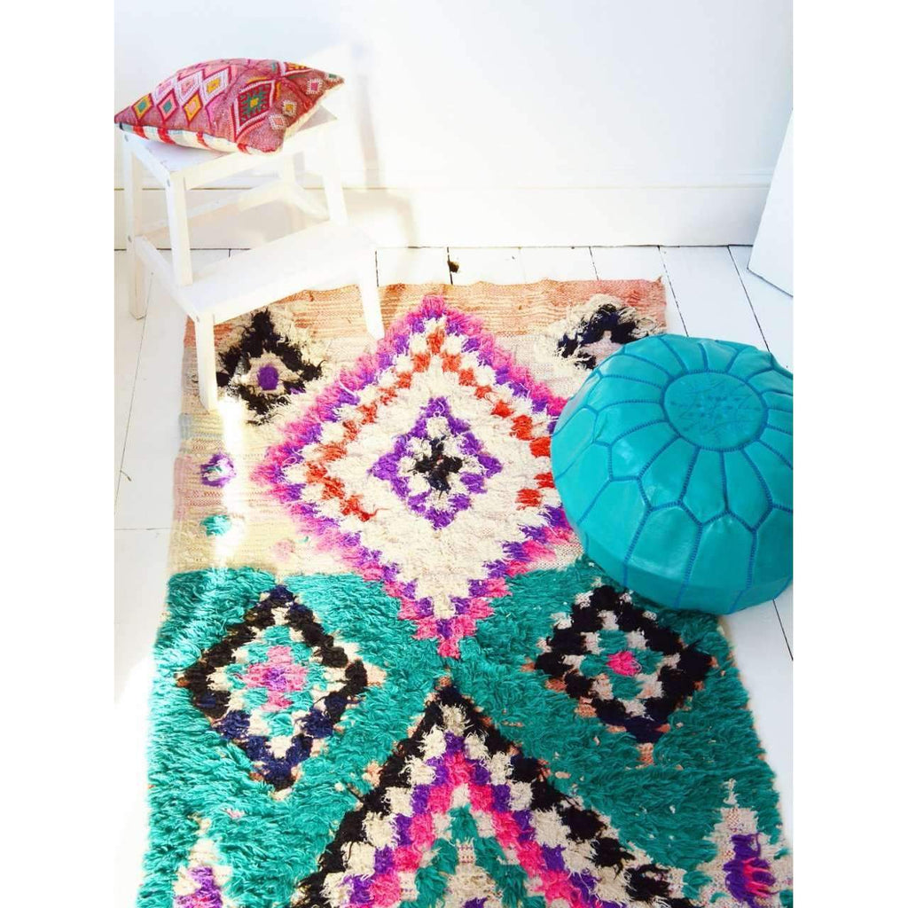 FREE SHIPPING>> Green Vintage Moroccan Boucherouite Rug, Beni Ouirain Rug,Moroccan Rug,Hand Woven Rug 36 x 79'' - Maison De Marrakech