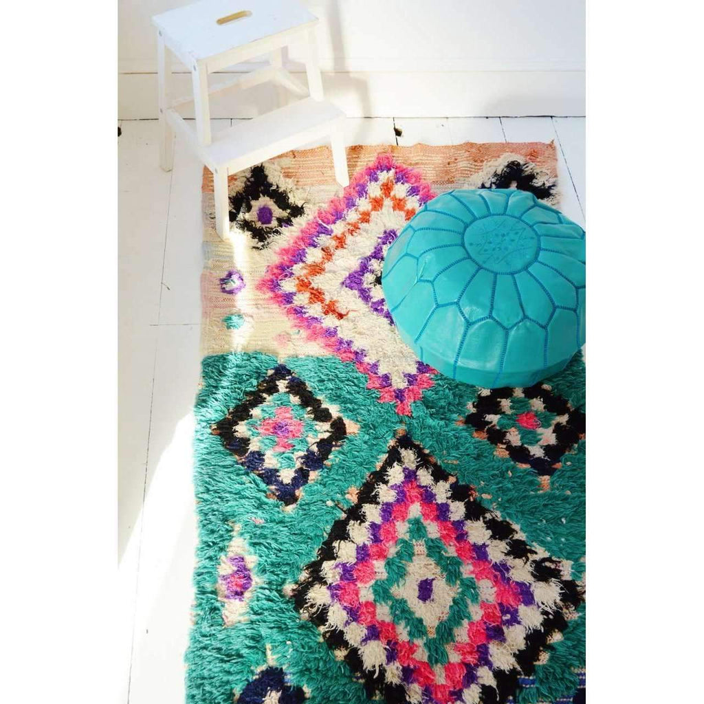FREE SHIPPING>> Green Vintage Moroccan Boucherouite Rug, Beni Ouirain Rug,Moroccan Rug,Hand Woven Rug 36 x 79'' - Maison De Marrakech