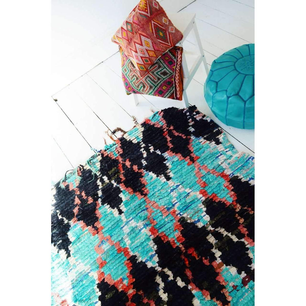 FREE SHIPPING>> Turquoise Vintage Moroccan Boucherouite Rug,Beni Ouirain Rug 50 x 63 inches - Maison De Marrakech