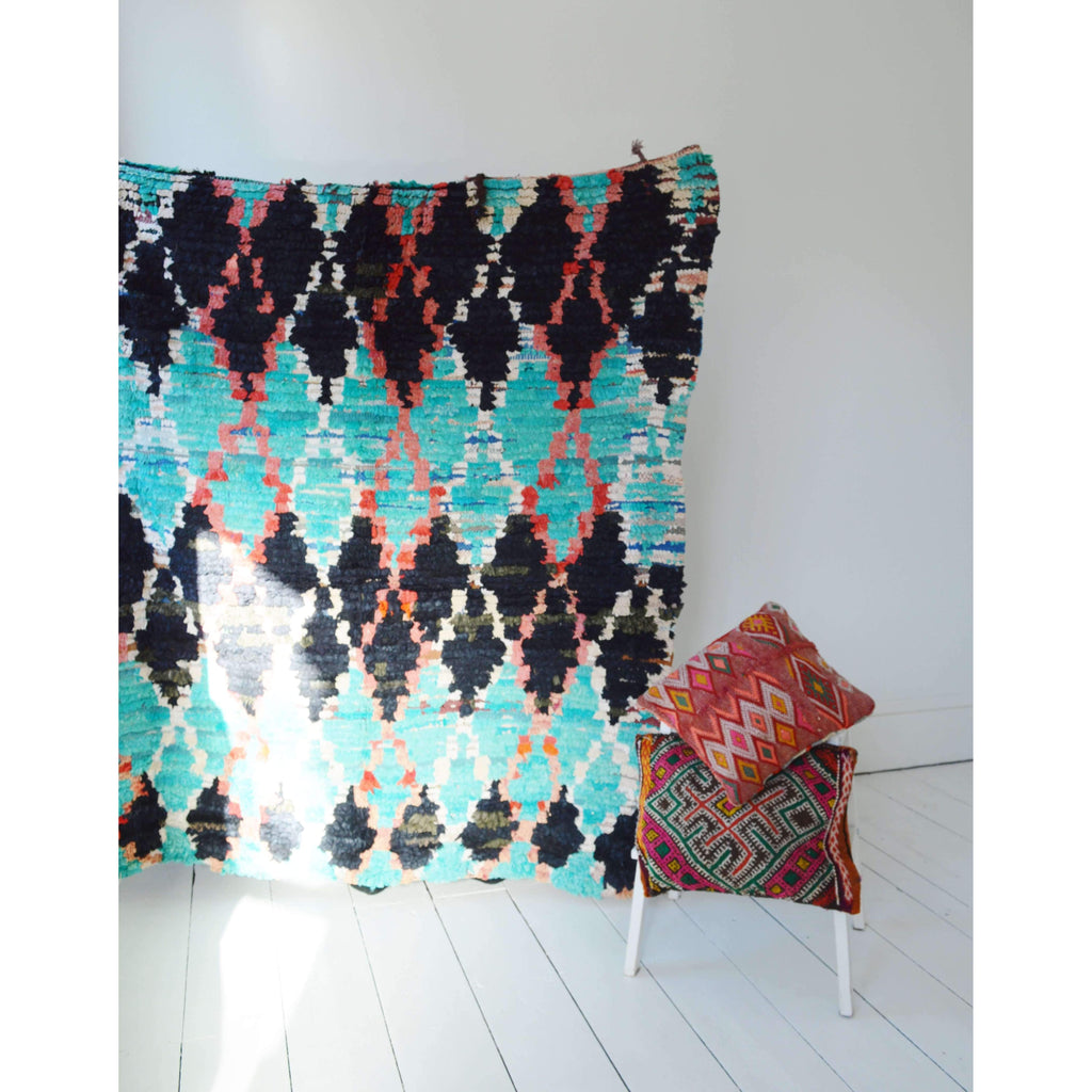 FREE SHIPPING>> Turquoise Vintage Moroccan Boucherouite Rug,Beni Ouirain Rug 50 x 63 inches - Maison De Marrakech