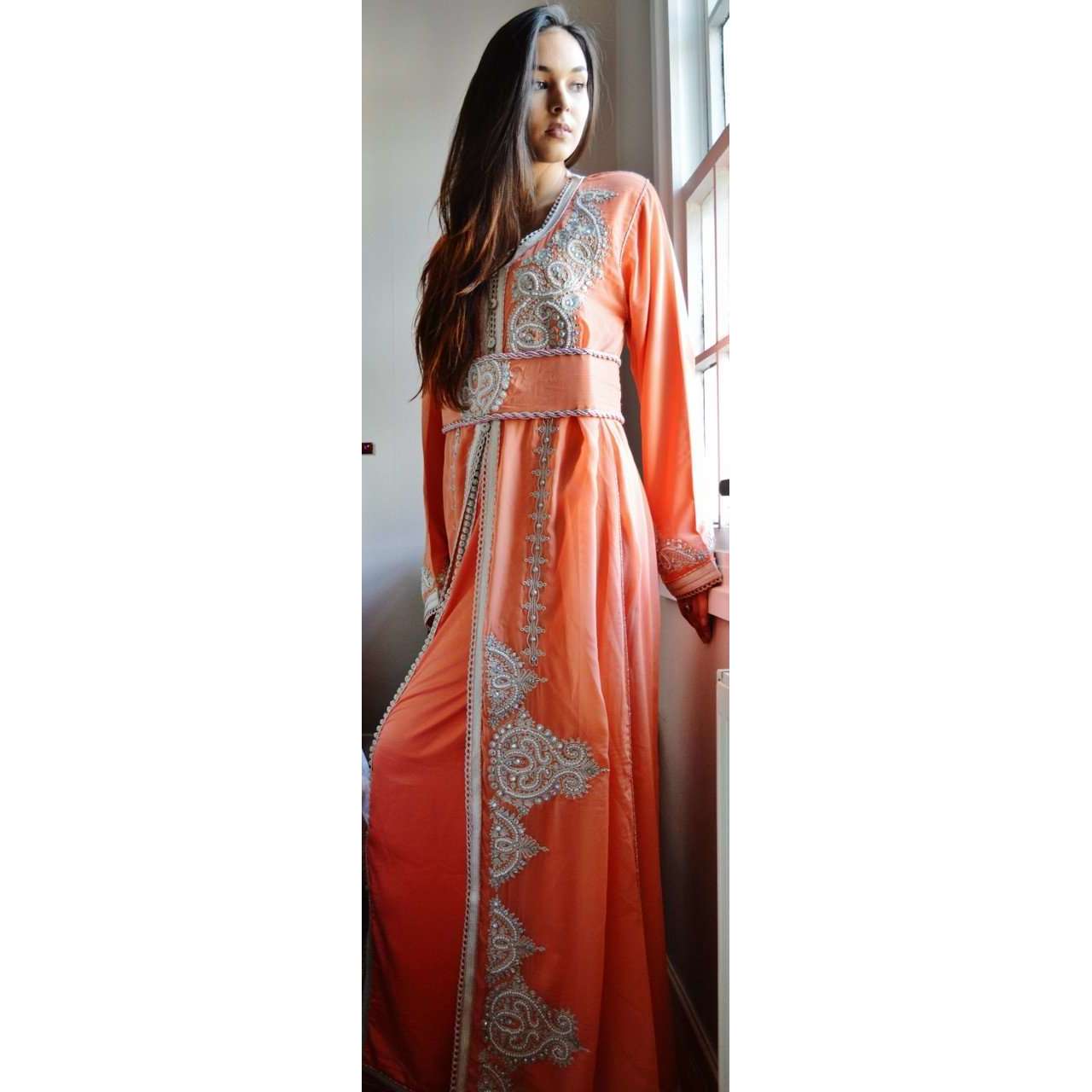 Mamlouk Embroidered Kaftan, Salmon, L/XL