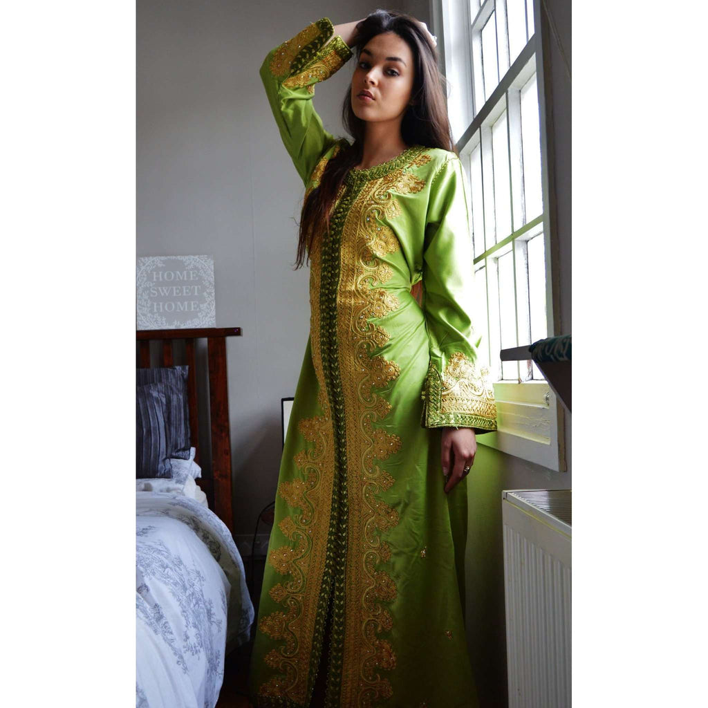 Moss Green with Gold Moroccan Takchita Party Kaftan-Kalia Style - Maison De Marrakech