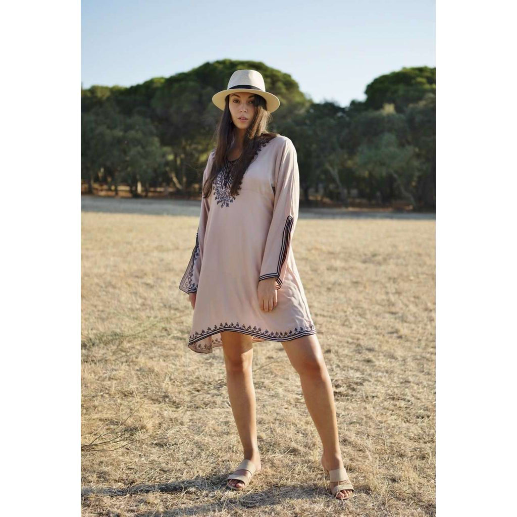Beige Navy Blue Embroidery Nadia Tunic Dress - Moroccan Tunic - Maison De Marrakech