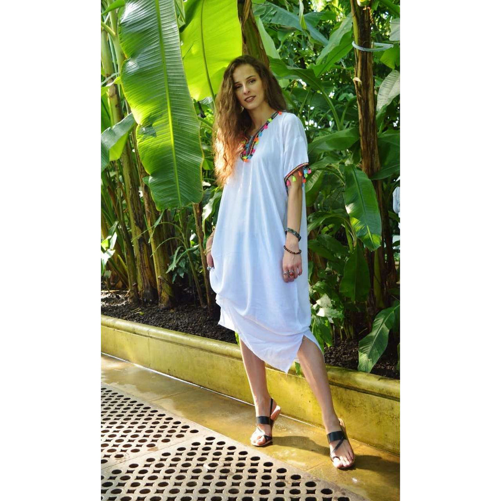 White Maya Tassels Resort Loung Caftan Kaftan - Maison De Marrakech